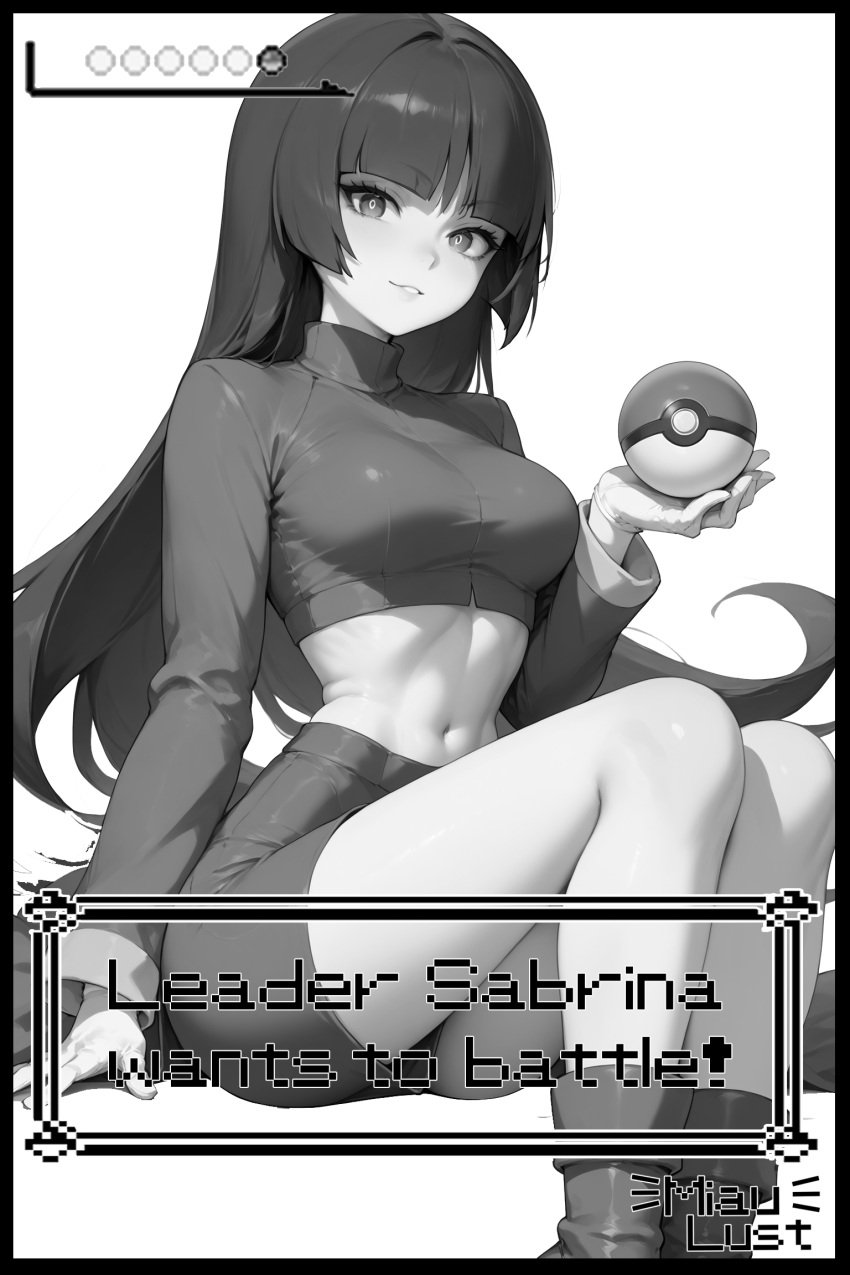 ai_assisted ai_generated bangs battle black_hair busty gameboy gameboy_advance gloves hypnosis miaulust pokeball pokemon pokemon_(species) pokemon_ss red_eyes red_skirt retro_artstyle sabrina_(pokemon) very_long_hair videogame white_skin