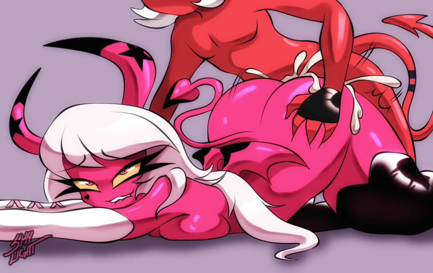 1girls big_breasts demon demon_girl demon_horns demon_tail helluva_boss horns long_hair lying lying_on_stomach pink_body pink_hair pink_skin skylight_(artist) succubus tail verosika_mayday_(helluva_boss) vivienne_medrano