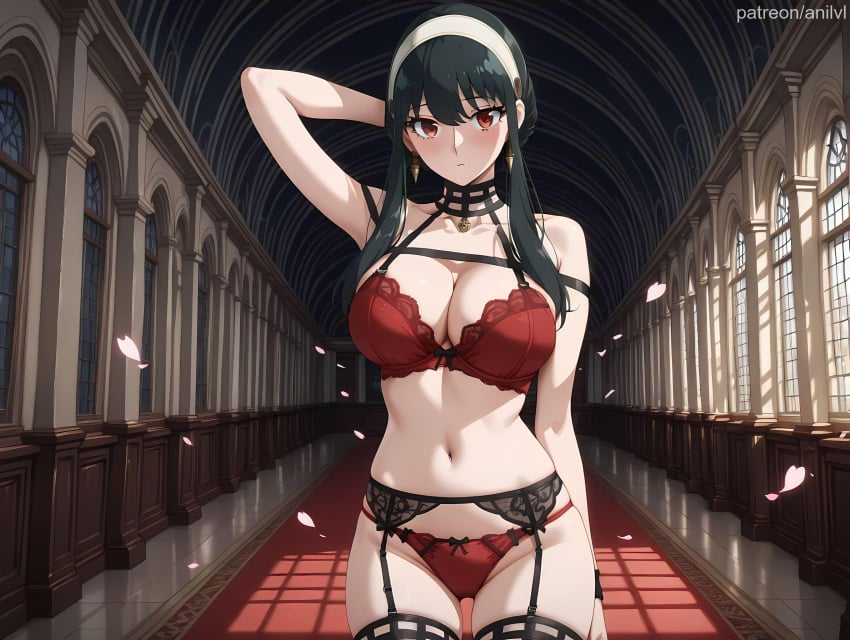 1girls ai_generated anilvl arm_at_side arm_behind_back arm_behind_head arm_up armpits ass_visible_through_thighs bangs bare_shoulders black_choker black_garter_belt black_hair black_thighhighs blush bow bow_panties bra breasts choker cleavage closed_mouth collarbone cowboy_shot earrings falling_petals garter_belt garter_straps gold_earrings hairband hallway indoors jewelry lace-trimmed_bra lace_trim large_breasts lingerie long_hair looking_at_viewer navel panties petals red_bra red_eyes red_panties rose_petals short_hair_with_long_locks sidelocks skindentation solo spy_x_family stomach thigh_gap thighhighs thighs underwear underwear_only white_hairband window yor_briar yor_forger