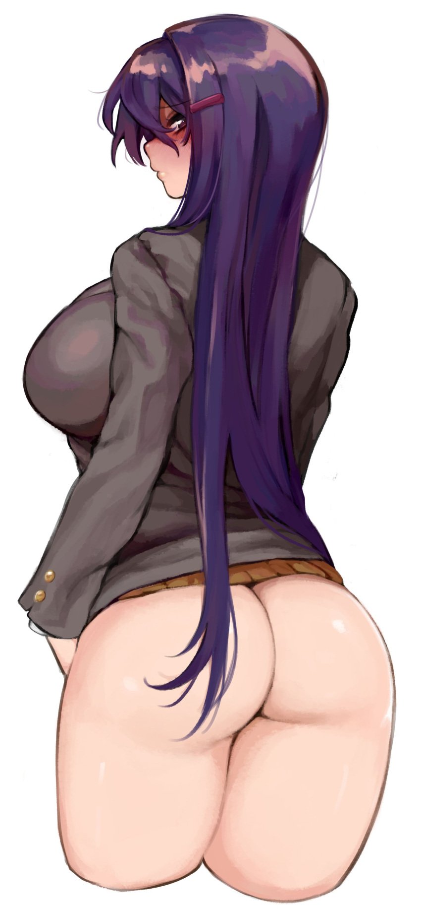 1female 1girls ass big_breasts bottomless bottomless_female breasts butt doki_doki_literature_club female_only long_hair otxoa60 purple_eyes purple_hair yuri_(doki_doki_literature_club)