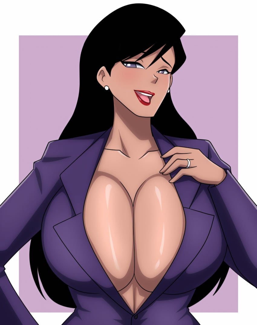 1girl 1girls 2024 2024s big_breasts black_hair breast_focus breasts cleavage clothed clothing dc dc_comics dcau digital_drawing_(artwork) digital_media_(artwork) ear_piercing earrings female female_focus female_only hair handwear huge_breasts large_breasts lips lipstick lois_lane lois_lane_(dcau) long_hair purple_eyes red_lips red_lipstick ring simple_background solo solo_female solo_focus superman:_the_animated_series superman_(series) upper_body vijaz