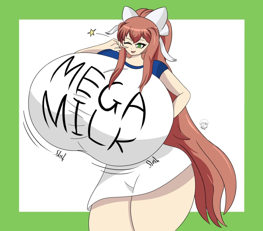 1girls 2022 breast_expansion brown_hair color doki_doki_literature_club expansion green_eyes hi_res high_resolution highres huge_breasts just_monika large_breasts mega_milk monika_(doki_doki_literature_club) motion_lines one_eye_closed open_mouth simple_background sloshing_breasts smile solo solo_female stretched_clothing thick_thighs tight_clothing tradicon666 white_bow wide_hips wink