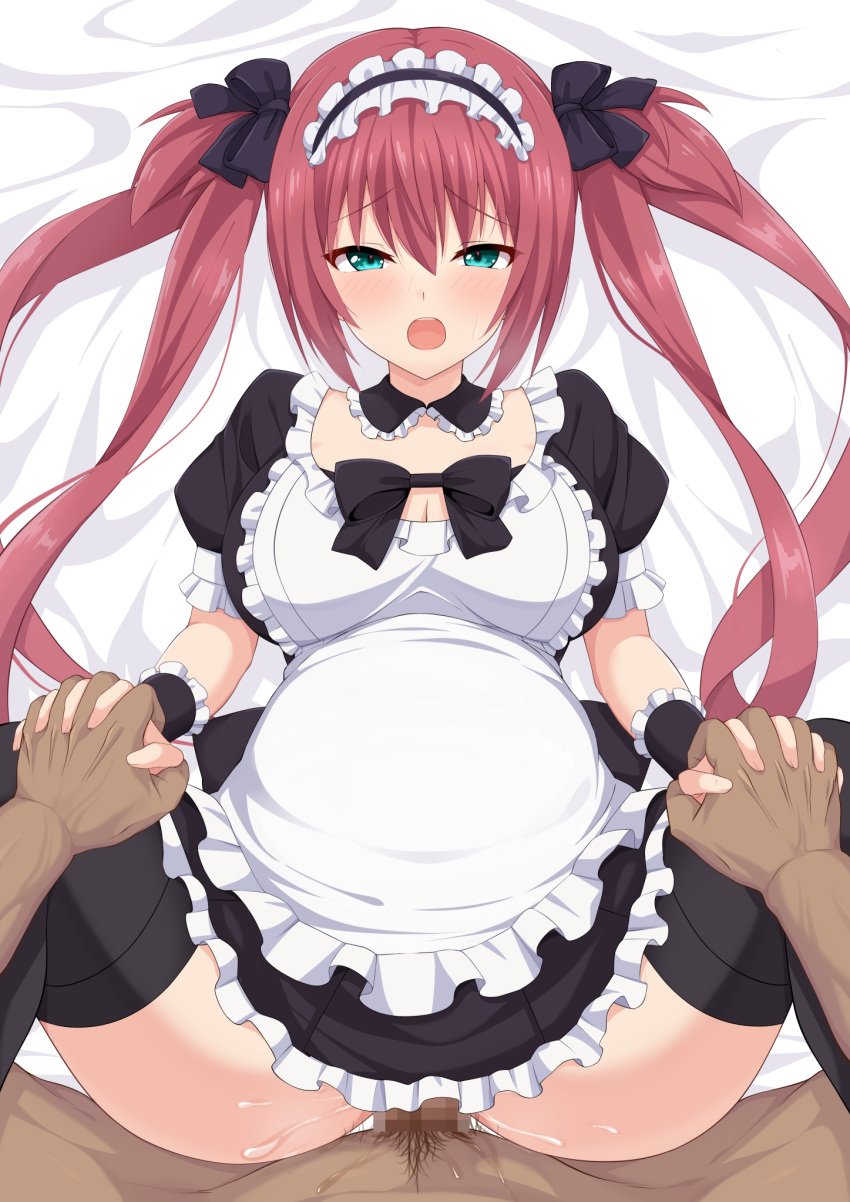 1boy :o airi_(queen's_blade) airi_(queen's_blade_unlimited) apron bed_sheet big_belly black_bow black_dress black_thighhighs black_wrist_cuffs blush bow breasts censored cleavage clothed_female_nude_male clothed_sex detached_collar dot_nose dress female female_orgasm frilled_apron frilled_hairband frilled_wrist_cuffs frills green_eyes hairband hairbow highres holding_hands interlocked_fingers long_hair looking_at_viewer lying m_legs maid maid_headdress male_pubic_hair maruta_(denmasked) medium_breasts missionary mosaic_censoring nude on_back open_mouth orgasm penis pregnant pubic_hair puffy_sleeves queen's_blade raised_eyebrows red_hair sex short_dress straight thighhighs twintails vaginal_penetration wrist_cuffs