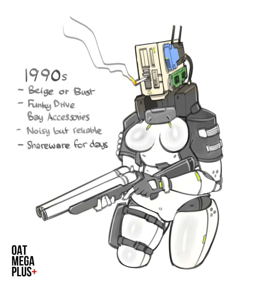 1990s_pc anthro cigarette female female_focus female_only gaming_pc gun information oatmegaplus original original_art original_artwork pc_waifu_(oatmegaplus) robot robot_girl robot_humanoid