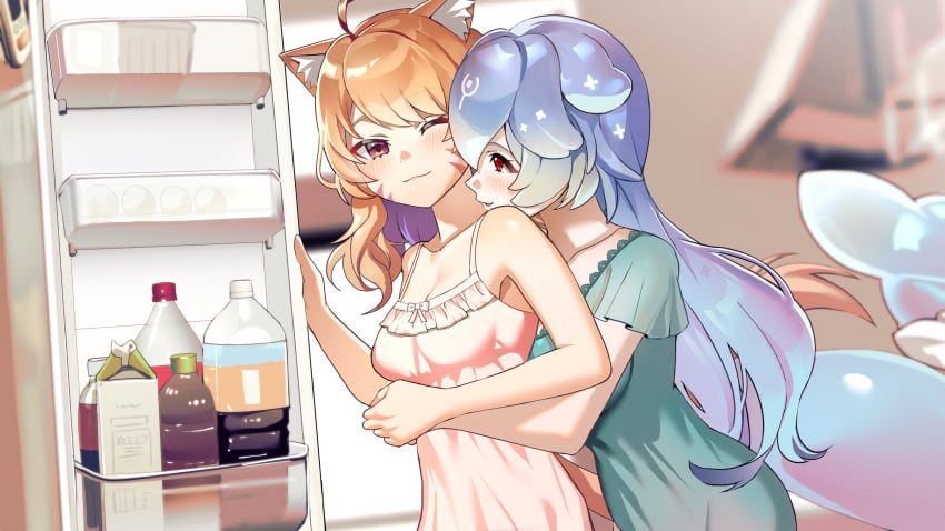 2girls :3 ;) ahoge animal_ear_fluff animal_ears bangs bao_(vtuber) bare_arms bare_shoulders blonde_hair blue_hair blurry blurry_background blurry_foreground blush bottle breasts cat_ears cleavage closed_mouth collarbone depth_of_field dress eyebrows_visible_through_hair hair_between_eyes hug hug_from_behind indoors kitchen long_hair medium_breasts multiple_girls one_eye_closed red_eyes sink sleeveless_dress small_breasts smile squchan_(vtuber) tail very_long_hair vyugen yuri