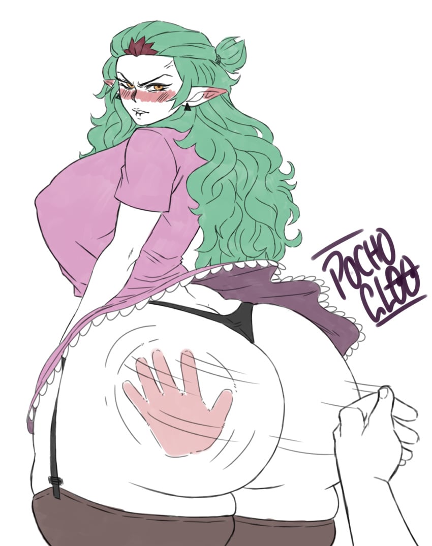 amity_blight amity_blight_(beta) angry angry_expression angry_face ass ass_focus ass_spank big_ass big_breasts biting_lip biting_own_lip blush dat_ass dat_butt dress dress_lift green_hair huge_ass huge_breasts pochoclogigi spanked spanked_ass spanked_booty spanked_butt spanked_mark the_owl_house thick thick_ass thick_thighs thong underwear