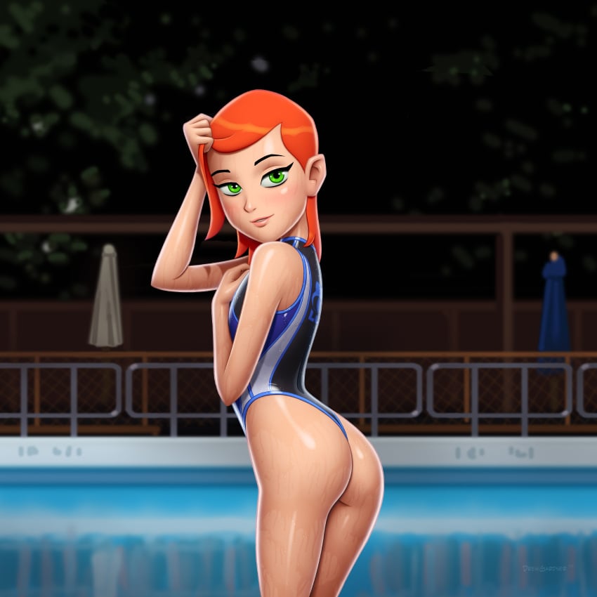 1girls ass ben_10 cartoon_network drew_gardner female green_eyes gwen_tennyson highleg highleg_swimsuit looking_at_viewer night one-piece_swimsuit red_hair red_hair short_hair swimming_pool swimsuit very_high_resolution wet_body wet_hair wet_skin