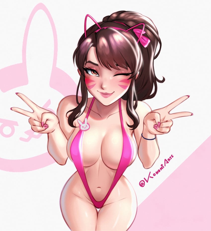 1girls 2024 alternate_costume alternate_hairstyle artist_name bikini blizzard_entertainment blush breasts brown_eyes brown_hair cleavage d.va double_v face_markings female female_only hana_song highres konomidraw large_breasts light-skinned_female light_skin looking_up nail_polish navel one_eye_closed overwatch overwatch_2 peace_sign ponytail sideboob sling_bikini solo solo_female swimsuit thick_thighs v watermark wide_hips wink