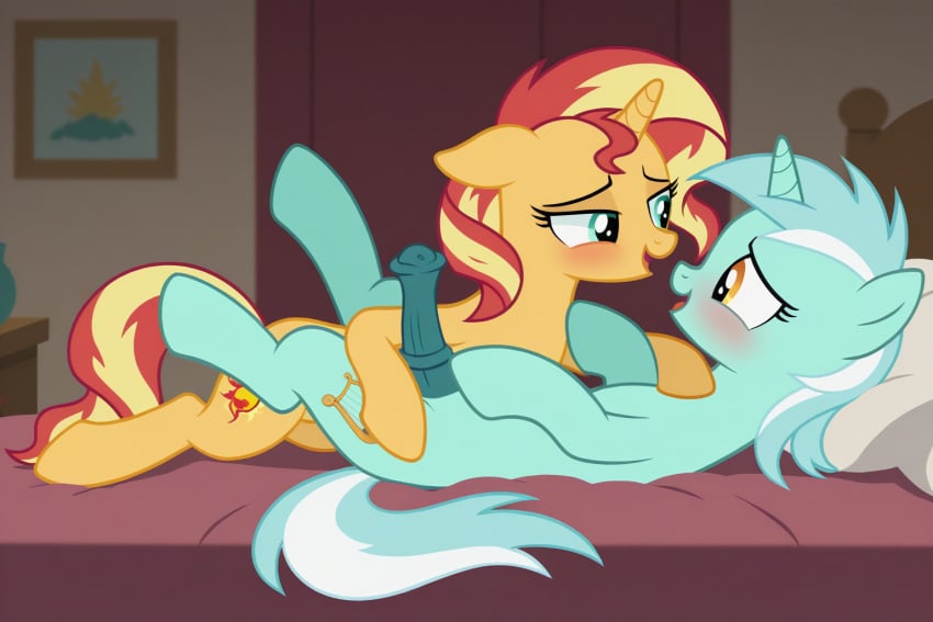 accurate_art_style ai_generated animal_genitalia bed equestria_girls friendship_is_magic futanari handjob horsecock horsecock_futanari looking_at_another lyra_heartstrings_(mlp) my_little_pony nude nudity penis sunset_shimmer unicorn