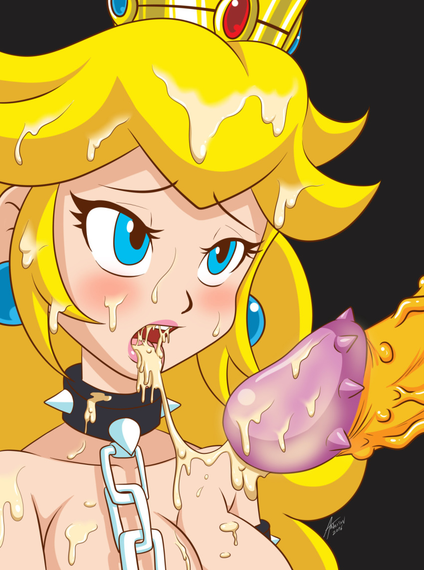 1boy andersonicth blonde_hair blue_eyes blush bowser chains cleavage crown cum cum_in_hair cum_in_mouth cum_on_breasts earrings female long_hair mario_(series) nintendo open_mouth penis princess_peach simple_background spiked_collar tongue_out uncensored