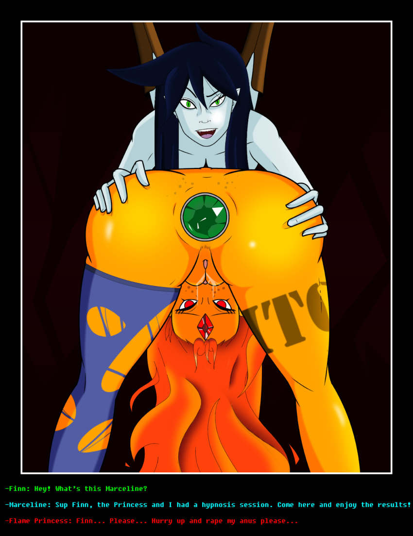 adventure_time anal anal_jewelry blue_hair boots buttplug exclamation(artist) flame_princess green_eyes head_down_ass_up huge_buttplug hypnosis jewel_buttplug marceline mind_control orange_hair presenting presenting_hindquarters red_eyes sex_toy text vampire