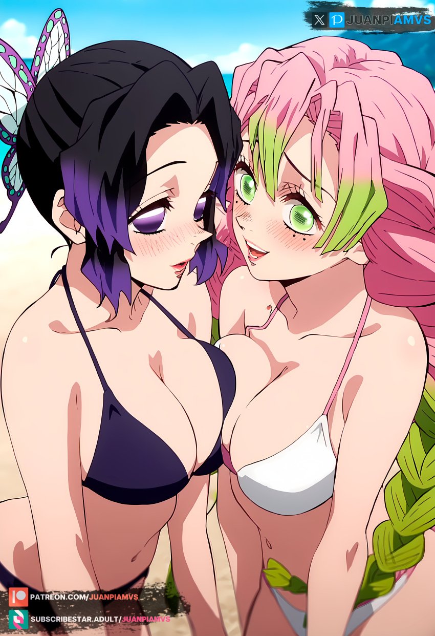 2girls ai_generated butterfly_hair_ornament green_eyes hair_ornament juanpiamvs kanroji_mitsuri kimetsu_no_yaiba kochou_shinobu long_hair patreon patreon_username pink_hair purple_eyes purple_hair short_hair subscribestar subscribestar_username watermark