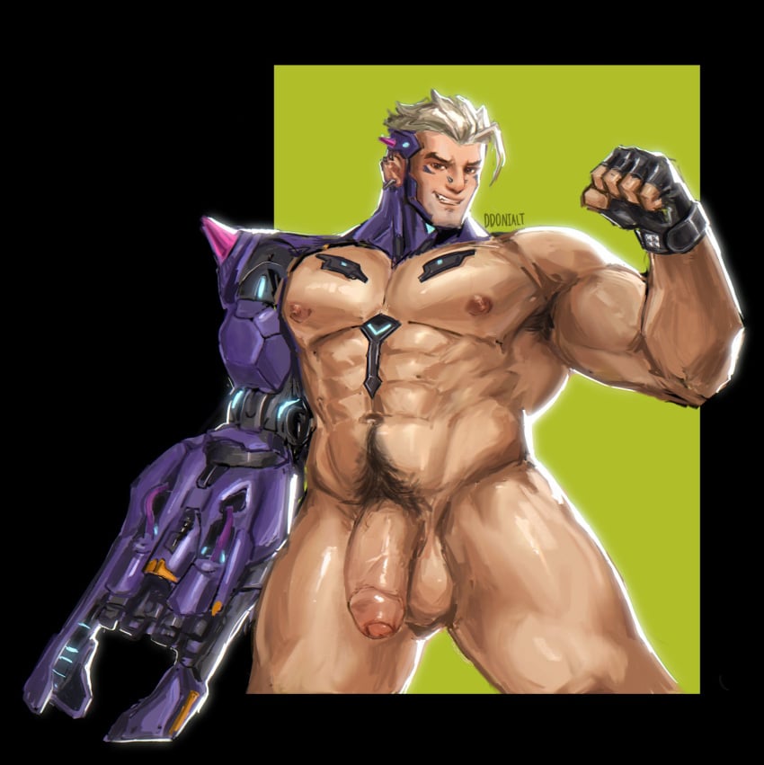 1boy amputee augmentation bara big_balls big_muscles big_penis big_thighs blonde_hair cybernetics ddonialt ear_piercing fingerless_gloves gay gloves hazard_(overwatch) male male_only muscular muscular_male nose_piercing piercing piercings prosthetic prosthetic_arm solo solo_male tagme yaoi