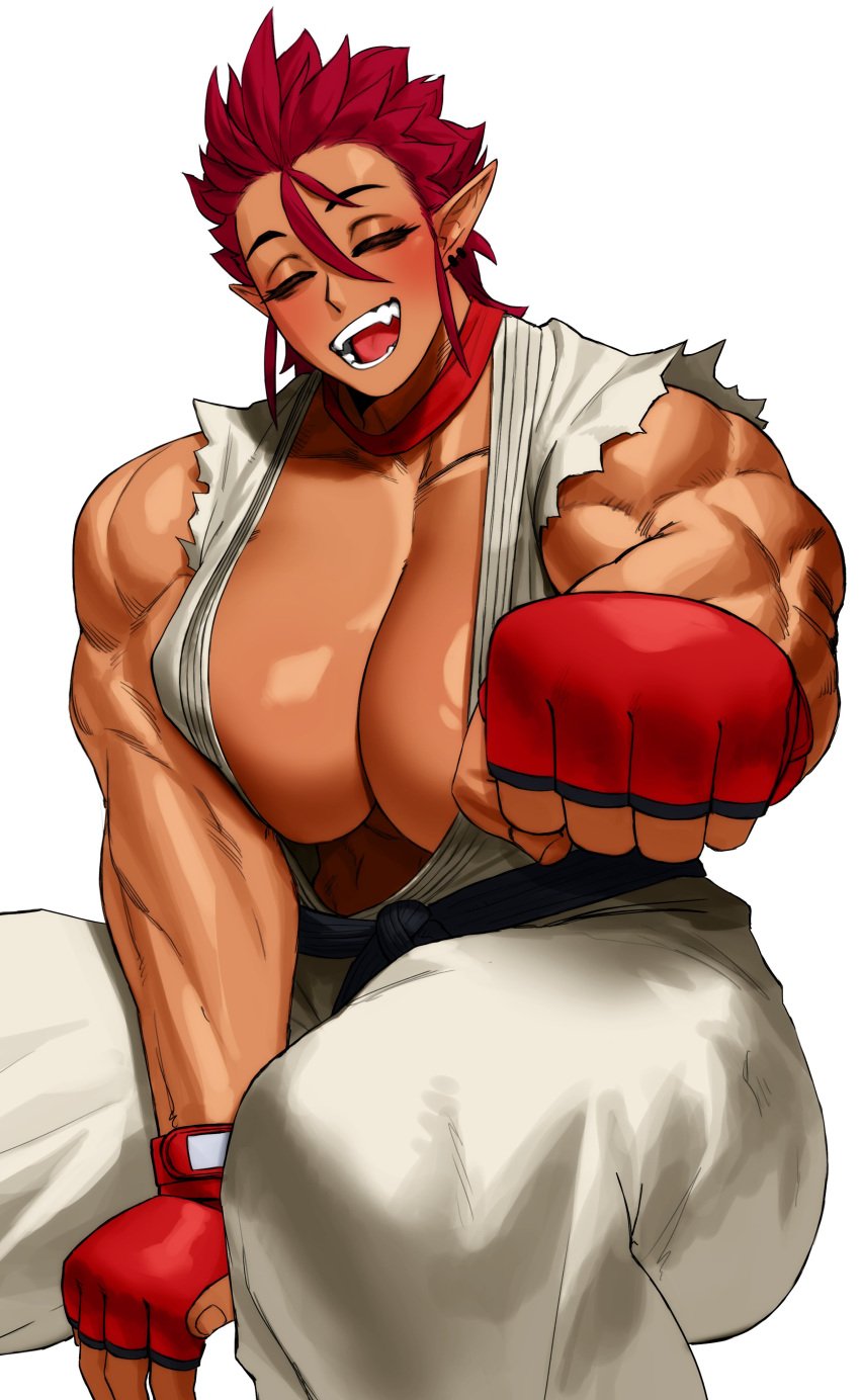 1girls absurd_res ali_(sotcho) big_breasts capcom closed_eyes cosplay fangs female female_only muscular muscular_female open_mouth original pointy_ears red_hair ryu_(street_fighter)_(cosplay) short_hair sitting smiling solo sotcho spiky_hair street_fighter white_background