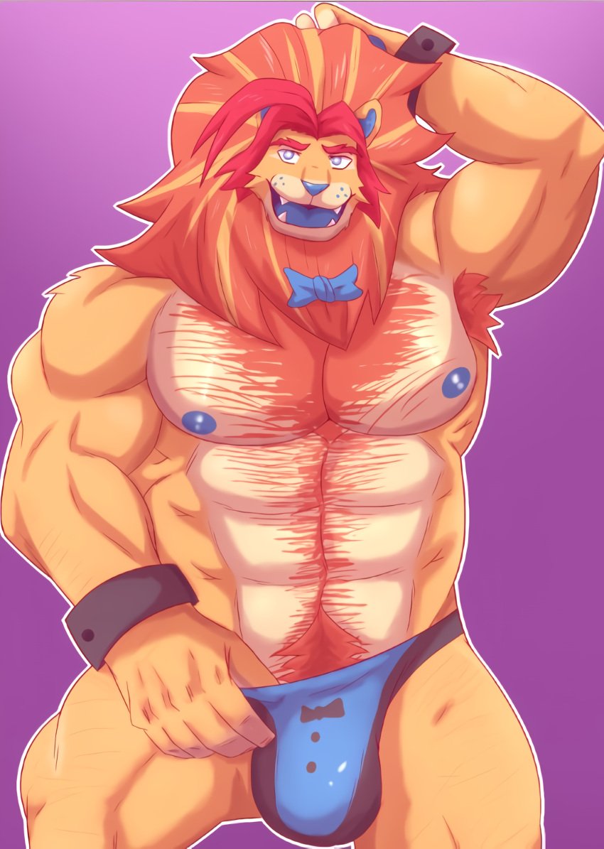 abs anthro big_balls big_bulge big_muscles big_nipples big_penis black_underwear blue_bowtie blue_clothing blue_eyes blue_nipples blue_nose fur hair hairy_armpits hairy_arms hairy_chest hairy_legs hairy_male indigo_park lion lloydford_l._lion male male male_only muscular_anthro muscular_male nipples orange_body pose sexy_armpits sexy_underwear underwear