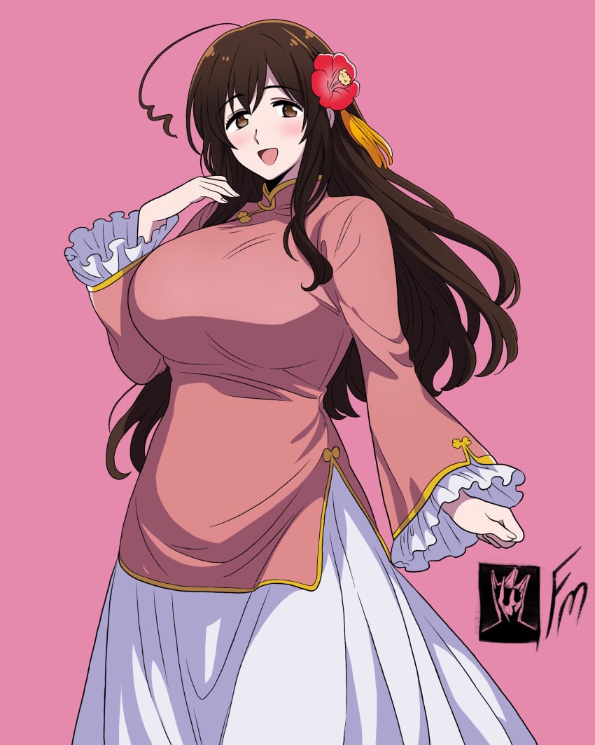 1girls alternate_version_available axis_powers_hetalia big_breasts breasts brown_eyes brown_hair dress female female_only flower flower_in_hair fungus-man hibiscus large_breasts long_hair open_mouth pink_background pink_dress self_upload smile solid_color_background solo solo_female tagme taiwan_(hetalia)