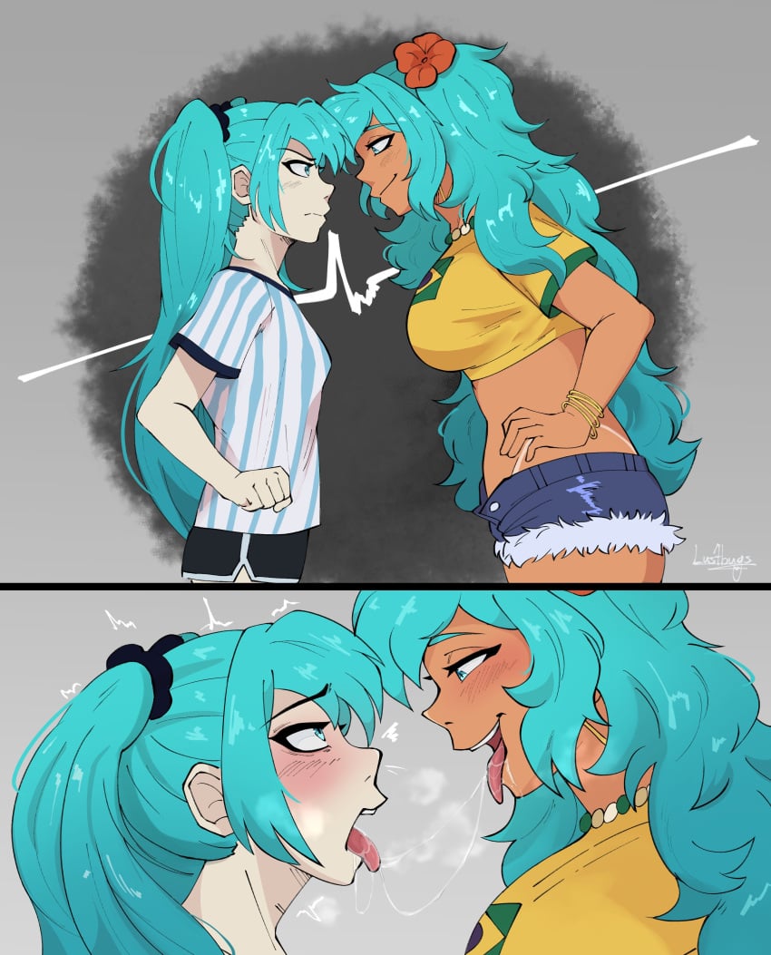 2025 2_panel_comic 2girls 2koma after_kiss argentinian argentinian_miku armlet armlets bead_choker beads black_short_shorts black_shorts black_trim blue_eyes blue_eyes_female blue_hair blue_hair_female blue_shorts blush blush_lines blushing_female booty_shorts brazil brazilian brazilian_female brazilian_flag brazilian_miku busty busty_female closed_smile clothed comic daisy_dukes dark-skinned_female dark_skinned_female females_focus females_only flag flower flower_in_hair flower_on_head flower_ornament girls girls_only gold_jewelry green_flag green_trim grey_background hair_ornament hatsune_miku highres instant_loss instant_loss_2koma january_(month) jean_shorts jewelry kissing latin_american_hatsune_miku_(meme) latina lesbian_focus lesbian_kiss long_hair long_hair_female lustbugs necklace pale-skinned_female pale_skinned_female panels pearl_necklace red_flower selfcest shirt shorts smile smiling smug smug_face smug_grin staring_at_another striped_shirt tan tan_body tan_skin tan_skinned_female tanlines tanned_female tanned_girl tight_fit twintails twintails_(hairstyle) vocaloid white_trim yellow_shirt yuri