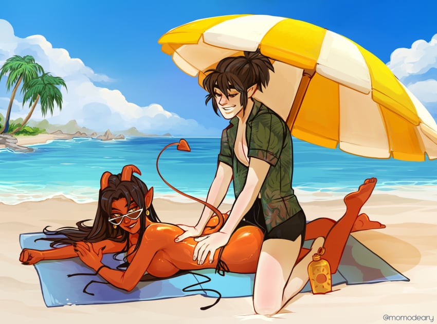 1boy 1girls beach elf momodeary original_character straight sunscreen tagme tiefling