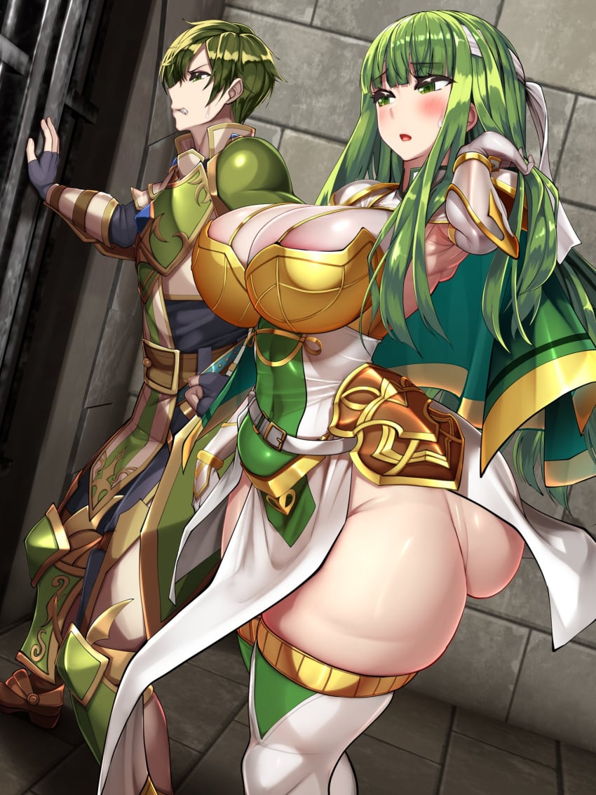 1boy 1boy1girl 1girl abel_(fire_emblem) blush female fire_emblem green_eyes green_hair kawahagitei male palla_(fire_emblem) revealing_clothes tagme