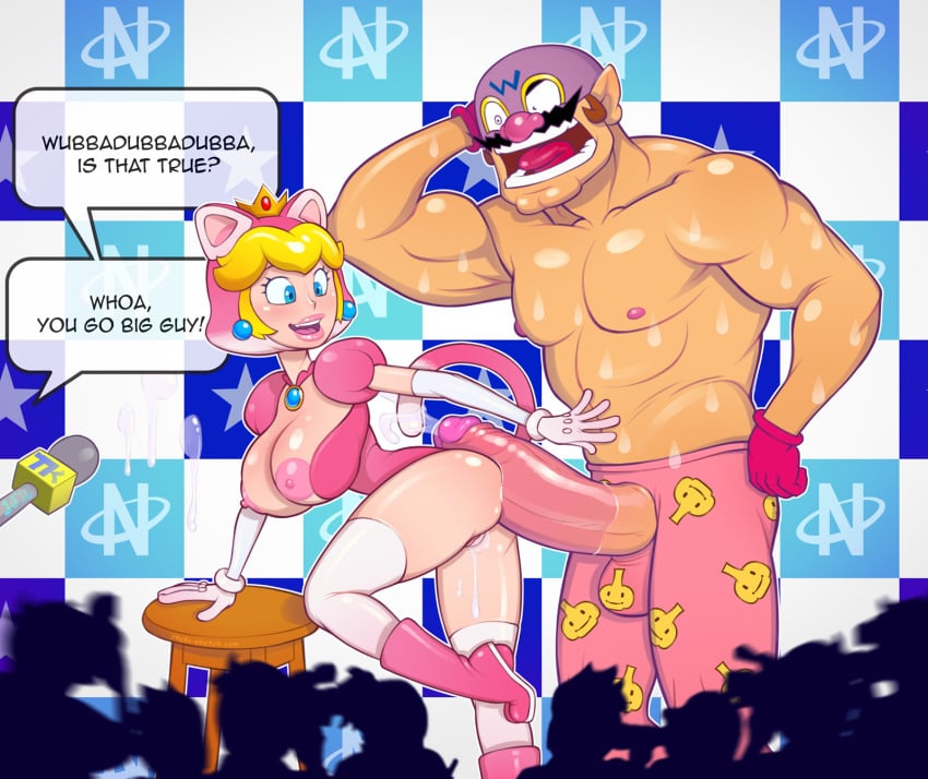 animal_ears ass big_breasts big_penis blonde_hair blue_eyes boots breasts breasts_out cat_girl cat_peach cleavage clothing crown dick earrings elbow_gloves erection frottage gloves hair huge_cock imminent_sex large_breasts mario_(series) muscles necklace nintendo nipples penis penis_on_ass penis_out precum princess_peach pussy pussy_juice rhythm_heaven standing super_mario_3d_world tail thighhighs turk128 wario wario-man warioware warrior