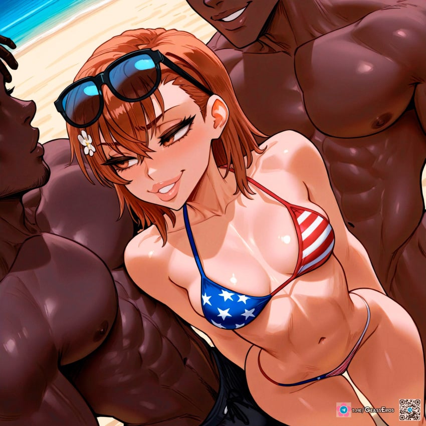 1girl2boys 2boys1girl ai_generated american_flag_bikini bare_shoulders beach bikini brown_eyes brown_hair dark-skinned_male geasseros light-skinned_female lips misaka_mikoto muscular_male outdoors qr_code seductive_look shiny_skin short_hair small_breasts sunglasses_on_head swimsuit to_aru_kagaku_no_railgun to_aru_majutsu_no_index usa_bikini