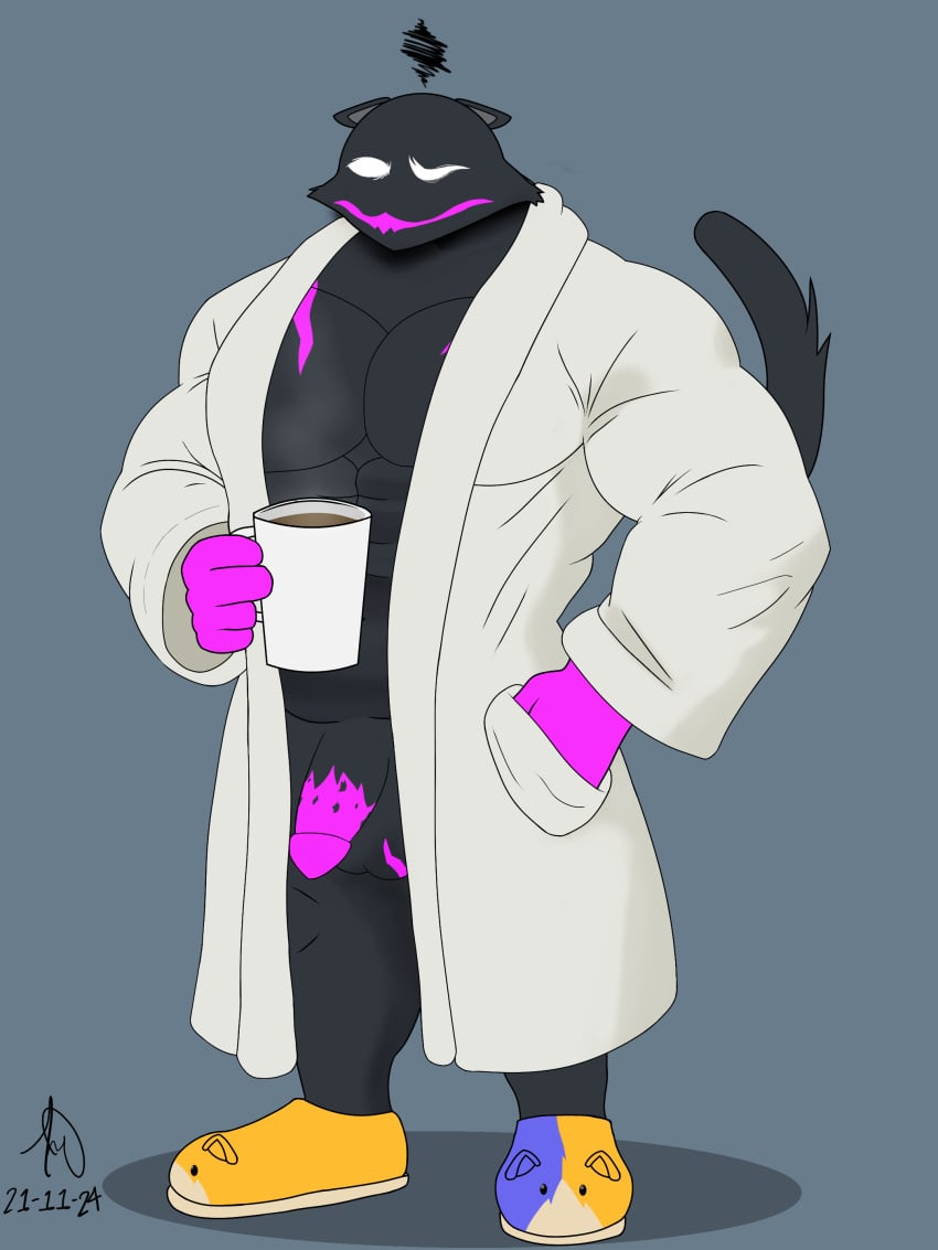 absurd_res anthro bathrobe beverage clothing coffee container cup epic_games flaccid footwear fortnite genitals hi_res male male/male muscular penis phantom_meowscles robe shoes slippers solo vornyrabbit