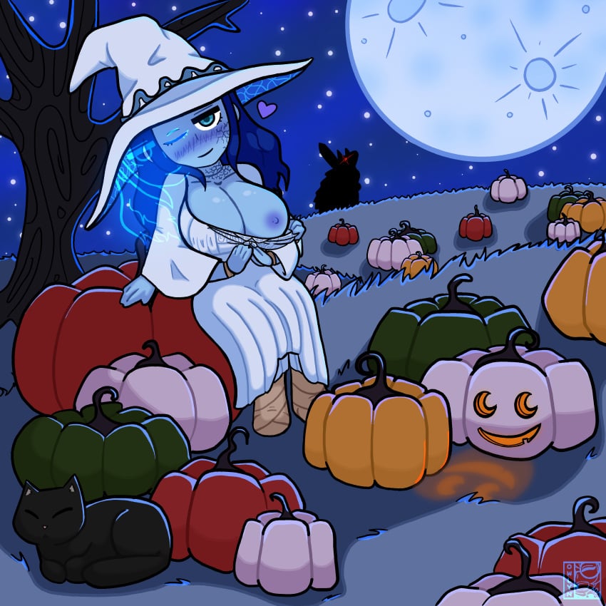 big_breasts breasts cute elden_ring female female_focus flashing flashing_breasts fromsoftware moon owlyn pumpkin pumpkin_patch pumpkins ranni_the_witch smile topless wholesome