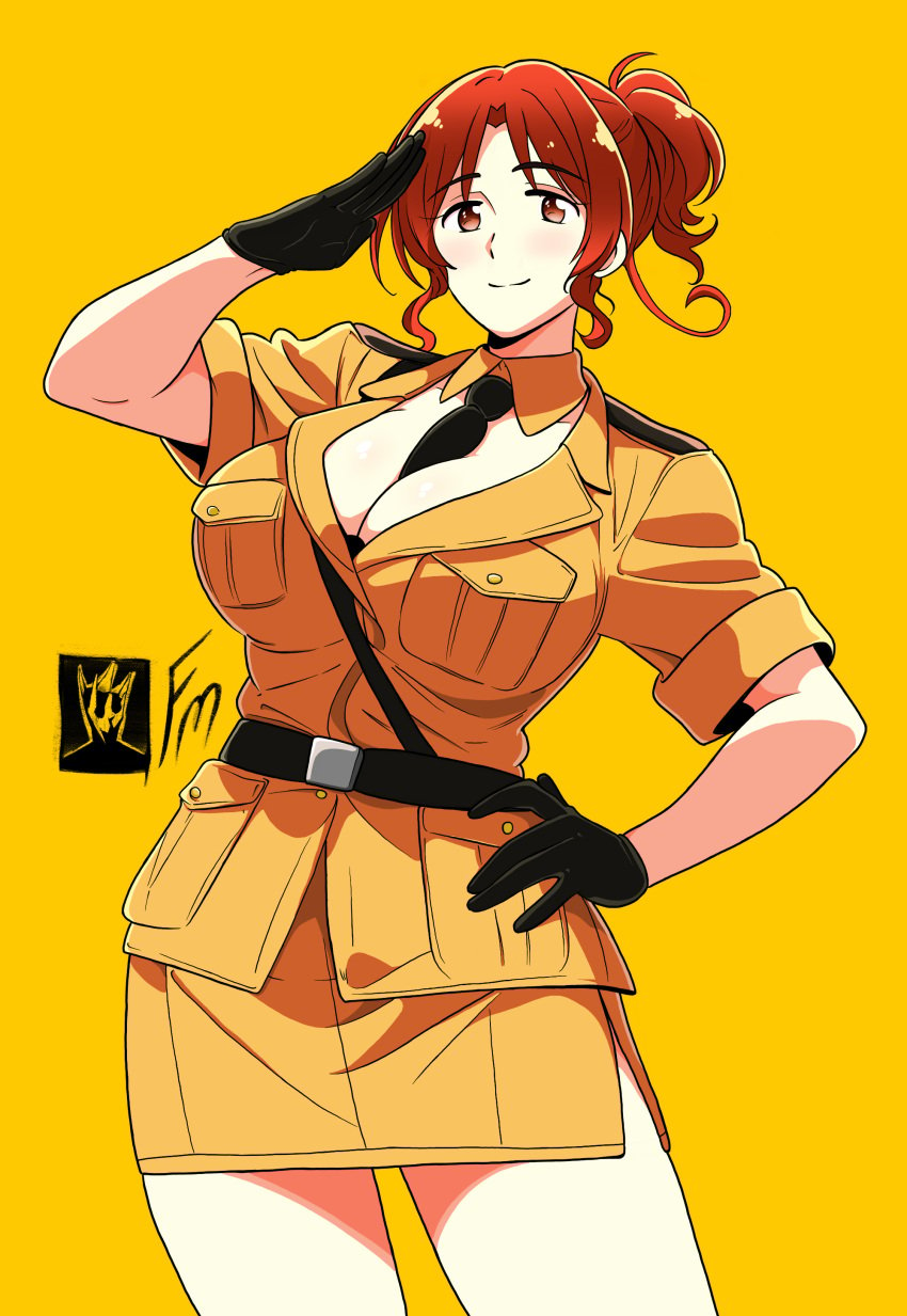 1girls ahoge axis_powers_hetalia big_breasts breasts brown_eyes cleavage cowboy_shot female female_only fungus-man genderswap genderswap_(mtf) gloves italy_(hetalia) looking_at_viewer military_uniform necktie ponytail red_hair self_upload skirt smile solid_color_background solo solo_female tagme yellow_background