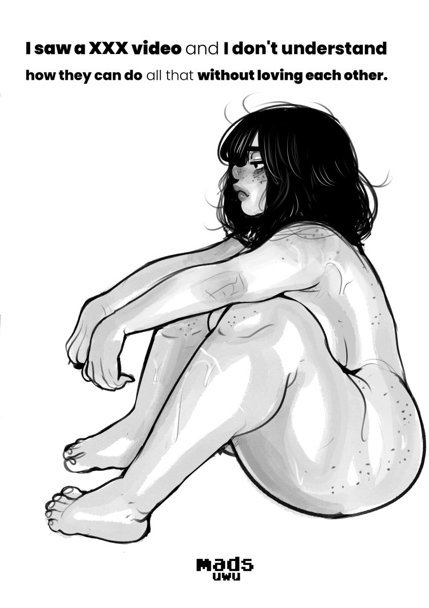 1girls absurd_res artist_signature black_hair english_text female female_only freckles madsuwu medium_hair misahero99 monochrome nude nude_female sad sad_face side_view sitting slightly_chubby solo suci_(madsuwu) text thick_thighs white_background