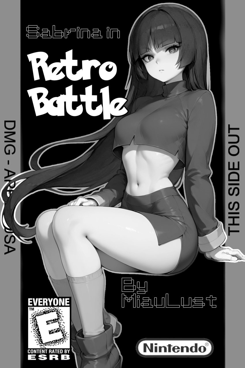 ai_assisted ai_generated bangs battle black_hair busty gameboy gameboy_advance gloves hypnosis miaulust pokeball pokemon pokemon_(species) pokemon_ss red_eyes red_skirt retro_artstyle sabrina_(pokemon) very_long_hair videogame white_skin