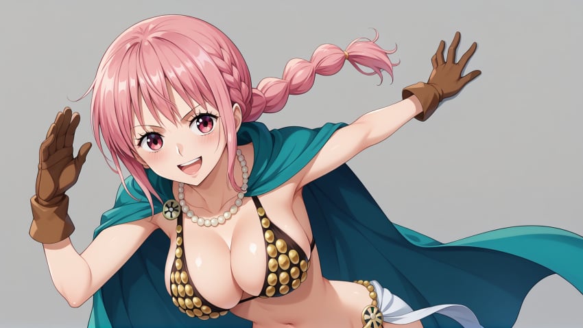 1girls ai_generated big_breasts bikini bikini_top blue_eyes braid braided_hair cleavage cloak collarbone female_focus female_only gloves gold_bikini green_cape large_breasts light-skinned_female light_skin necklace one_ai_art one_piece open_mouth pearl_necklace pelvic_curtain rebecca_(one_piece) shonen_jump single_braid smile solo solo_female solo_focus