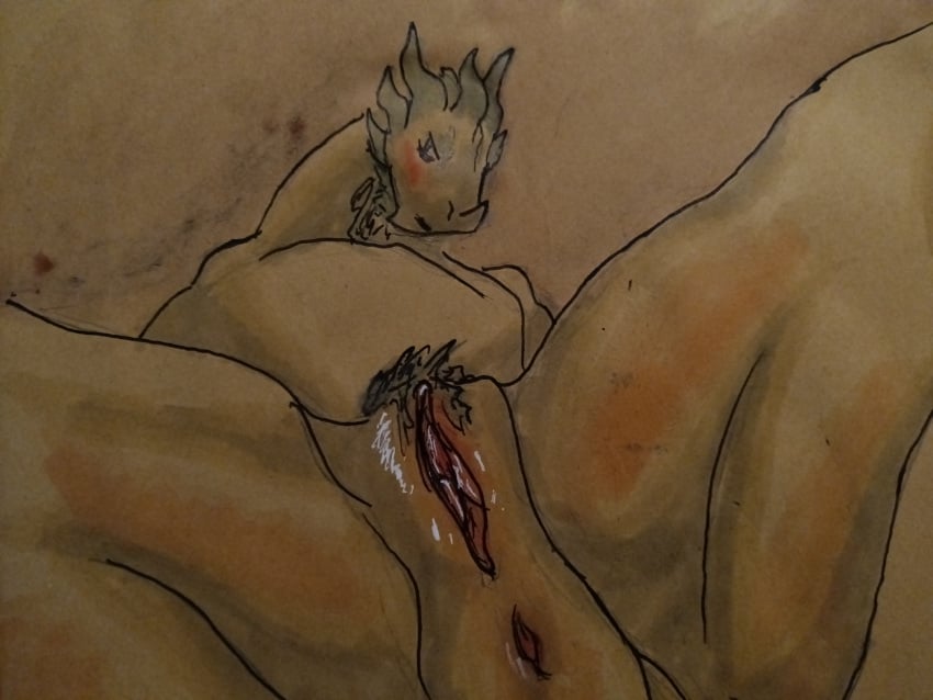 age_of_sigmar anus blush bodily_fluids draconith female feral flat_chested genitals hi_res horn mythological_creature mythology pubes pussy simple_background solo solo_focus thick_thighs traditional_media_(artwork)