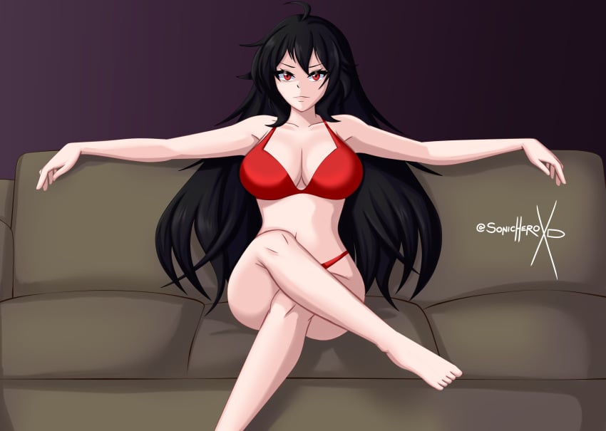 big_breasts bikini breasts couch female female_only looking_at_viewer raven_branwen red_clothing red_eyes rwby sitting solo sonicheroxd