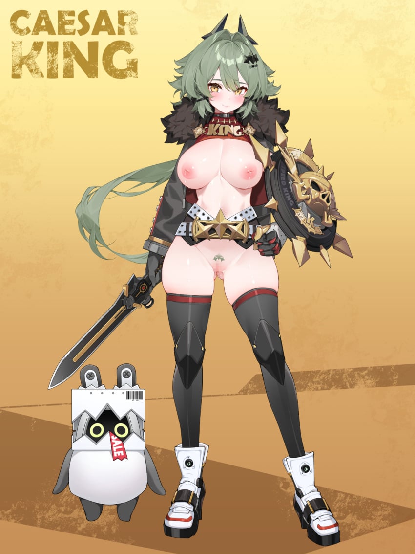 ass_visible_through_thighs bangboo_(zenless_zone_zero) black_gloves black_horns black_thighhighs breasts caesar_king_(zenless_zone_zero) censored character_name female female_pubic_hair full_body fur_trim gloves green_hair green_pubic_hair highres holding holding_sword holding_weapon horns inverted_nipples large_breasts long_hair looking_at_viewer mosaic_censoring ponytail pubic_hair pussy shield smile sword thighhighs waterring weapon yellow_eyes zenless_zone_zero