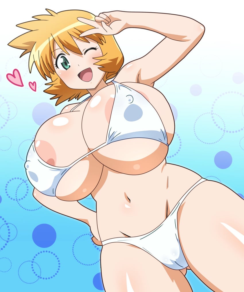 ;d alternate_breast_size areola_slip armpits bikini blush breasts bursting_breasts cameltoe cleavage covered_erect_nipples creatures_(company) curvy female female_focus game_freak green_eyes groin gym_leader hand_on_own_hip heart highres hitokiwa_kenchin huge_breasts kasumi_(pokemon) large_breasts looking_at_viewer misty_(pokemon_hgss) navel nintendo nipples one_eye_closed open_mouth orange_hair pokemon pokemon_gsc pokemon_hgss shiny_skin short_hair smile solo standing swimsuit thick_thighs thighs underboob v wardrobe_malfunction white_bikini wide_hips wink