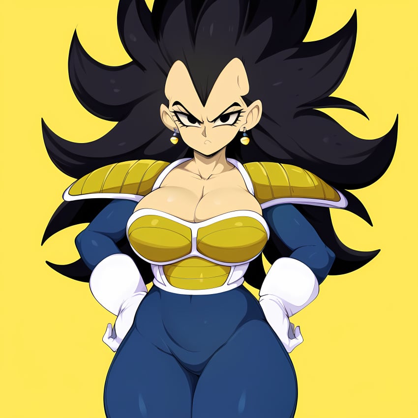 ai_generated alien alien_girl big_breasts black_hair covered_nipples dragon_ball dragon_ball_super dragon_ball_z female frown genderswap_(mtf) large_breasts long_hair mature_female milf mullon novelai rule_63 saiyan saiyan_armor serious smile vegeta wide_hips