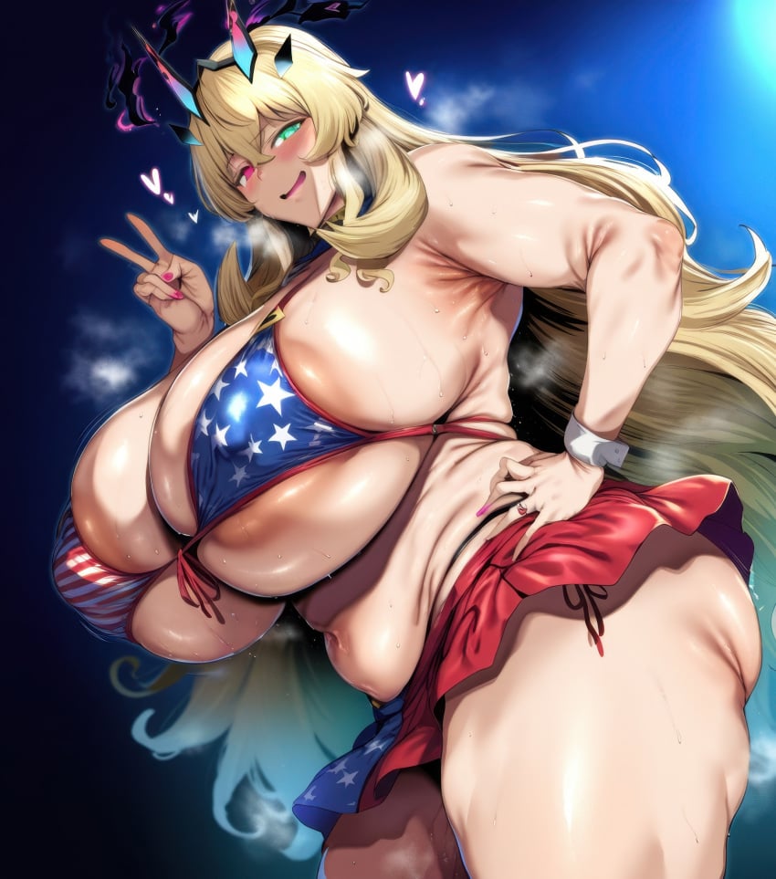 1girls ai_generated american_flag_bikini areolae barghest_(gawain)_(fate) big_breasts blonde_hair breasts enormous_breasts fate/grand_order fate_(series) female female_focus heterochromia huge_breasts large_areolae large_breasts thick_thighs thighs