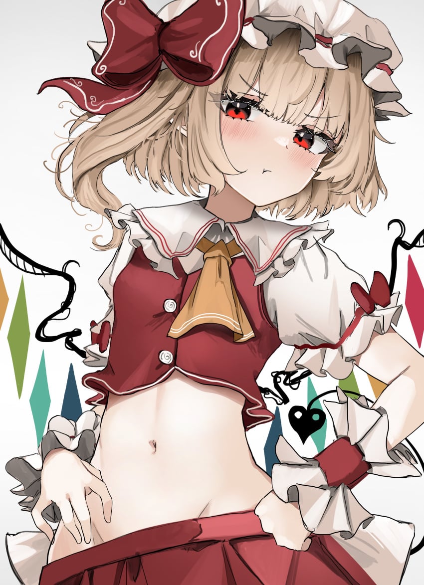 belly_button blush clothes_pull crop_top flandre_scarlet hand_on_hip looking_at_viewer midriff no_panties ougiikun pout skirt_pull touhou