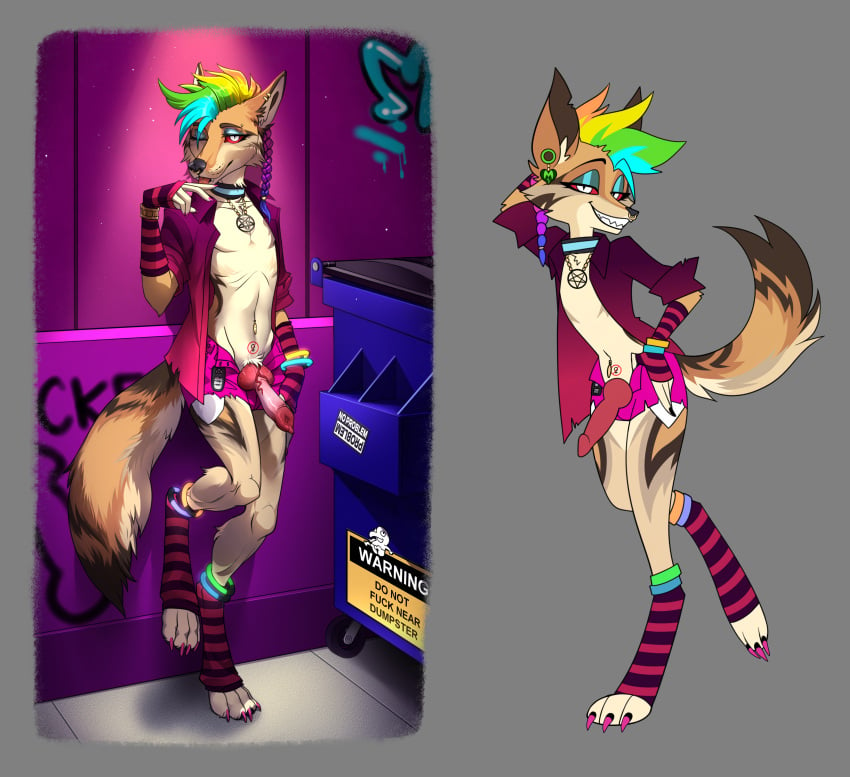 absurd_res alley anthro belly_tattoo canid canine canis clothing collar colored_nails colored_toenails coyote dumpster exhibitionism feet femboy footwear glowrings hi_res highlights_(coloring) male mammal nails socks solo stickers_on_object tattoo toenails toes vloic