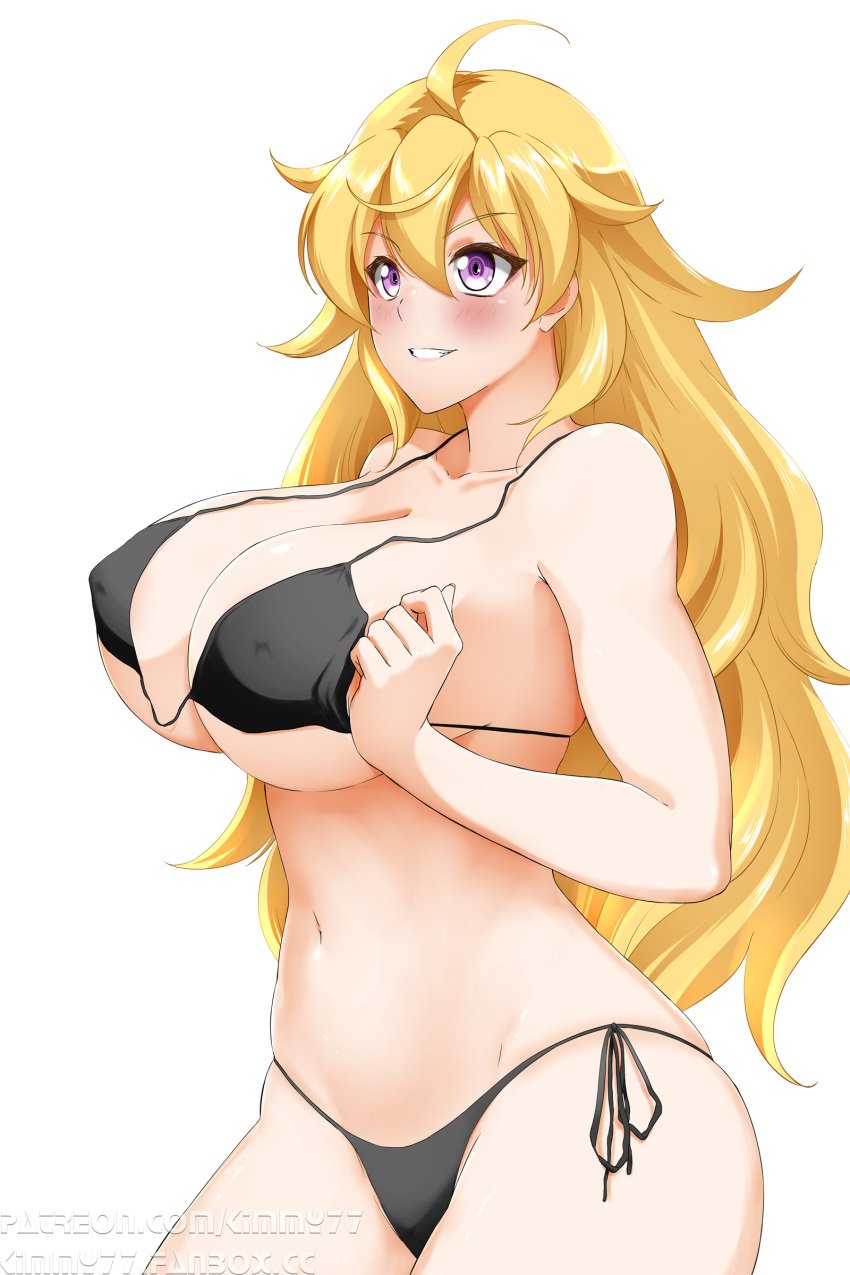 1girls big_breasts bikini bikini_bottom bikini_top blonde_female blonde_hair breasts_pressed_together kimmy77 long_hair long_hair_female purple_eyes rwby solo_female yang_xiao_long