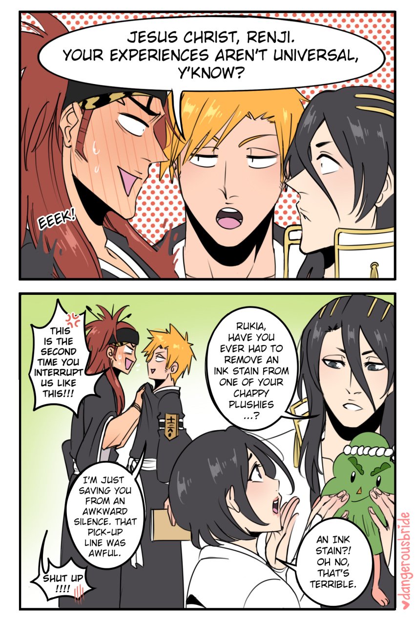 1girls 3boys abarai_renji bleach byakuya_kuchiki dangerousbride dialogue humor ichigo_kurosaki kuchiki_byakuya kuchiki_rukia no_sex renji_abarai wholesome yaoi