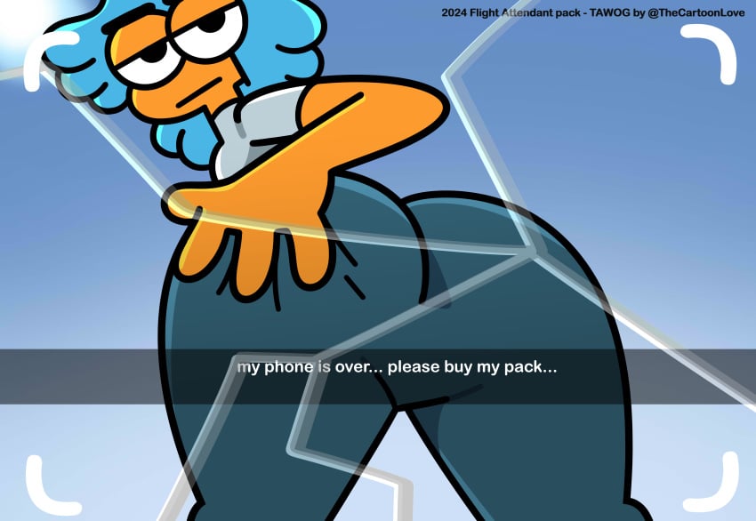 accurate_art_style ass ass_focus big_ass big_butt camera camera_view cartoon_network clothed down_angle flight_attendant_(the_amazing_world_of_gumball) grabbing hand_on_butt leggings looking_at_viewer phone_camera selfie serious_look stretching the_amazing_world_of_gumball the_cartoon_love thick_ass thick_thighs