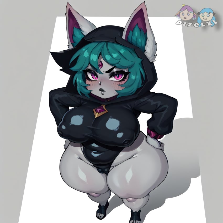 1:1 1girls ai_generated big_ass big_breasts cameltoe dizelxl ears_through_headwear erect_nipples fat_ass female female_focus female_only green_hair grey_skin hi_res large_ass large_breasts league_of_legends league_of_legends:_wild_rift leotard nipple_bulge nipples pink_eyes puffy_nipples raven_(cosplay) riot_games short_stack shortstack simple_background thick_thighs toenail_polish toenails toes vex_(league_of_legends) yordle