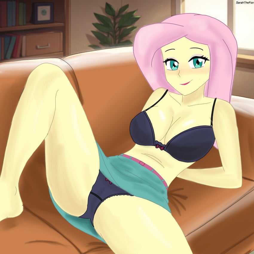 1girls big_breasts black_bra black_panties black_underwear bra breasts couch equestria_girls female female_only fluttershy_(eg) fluttershy_(mlp) friendship_is_magic hasbro hi_res highres indoors large_breasts looking_at_viewer my_little_pony panties sarahthefox97 solo solo_female spread_legs spreading thighs underwear upskirt