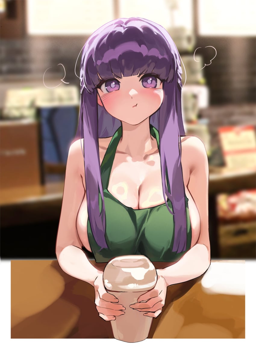 1girls ass blush breasts cleavage coffee coffee_shop female female_only fern_(sousou_no_frieren) foolish_potato large_breasts looking_at_viewer pout purple_eyes purple_hair solo sousou_no_frieren white_background wide_hips