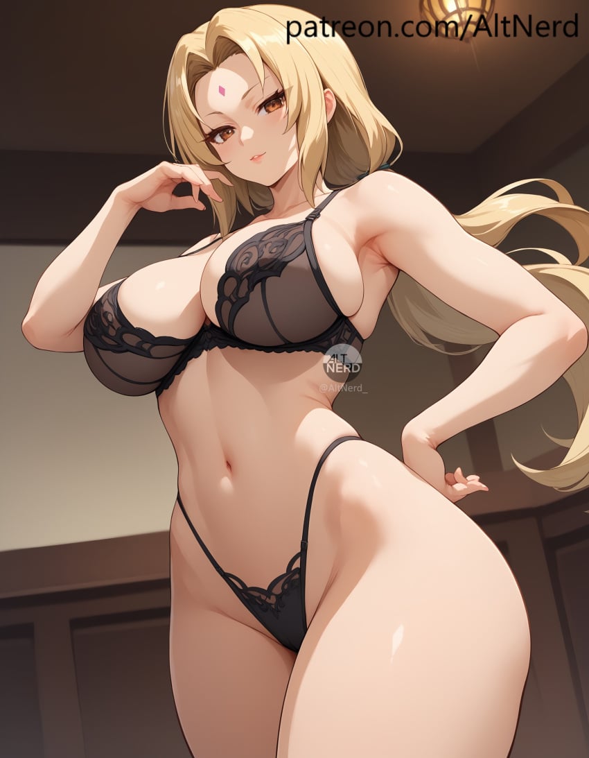 ai_generated altnerd ass_visible_through_thighs big_breasts black_bra black_panties black_underwear blonde_hair bra brown_eyes from_below highres hourglass_figure naruto panties patreon_url patreon_username seductive thick_thighs tsunade