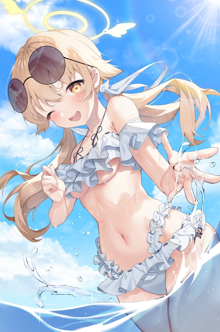 ;d absurdres bangs bikini blonde_hair blue_archive blue_sky blush breasts cloud cowboy_shot day eyebrows_visible_through_hair eyewear_on_head female frilled_bikini frills halo hifumi_(blue_archive) hifumi_(swimsuit)_(blue_archive) highres long_hair looking_at_viewer make-up_work_club_(blue_archive) medium_breasts minojko112 navel off-shoulder_bikini off_shoulder official_alternate_costume one_eye_closed open_mouth outdoors round_teeth sky smile solo standing stomach sunglasses swimsuit teeth trinity_general_school_student twintails underboob upper_teeth wading water wet white_bikini yellow_eyes