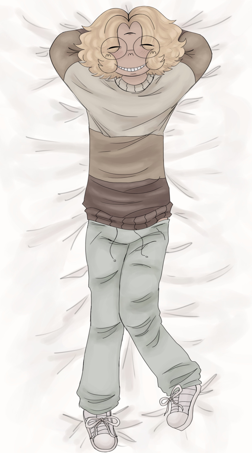 1boy 3_eyes aroused blonde_hair body_pillow chippledipple color fanart fractalcounty fully_clothed glasses grey_sweatpants hands_behind_head laying_down laying_on_back middle_part one_leg_up rendered safe_for_work short_hair smile smiling_at_viewer solo sweater twitter youtube zukacounty_(artist)