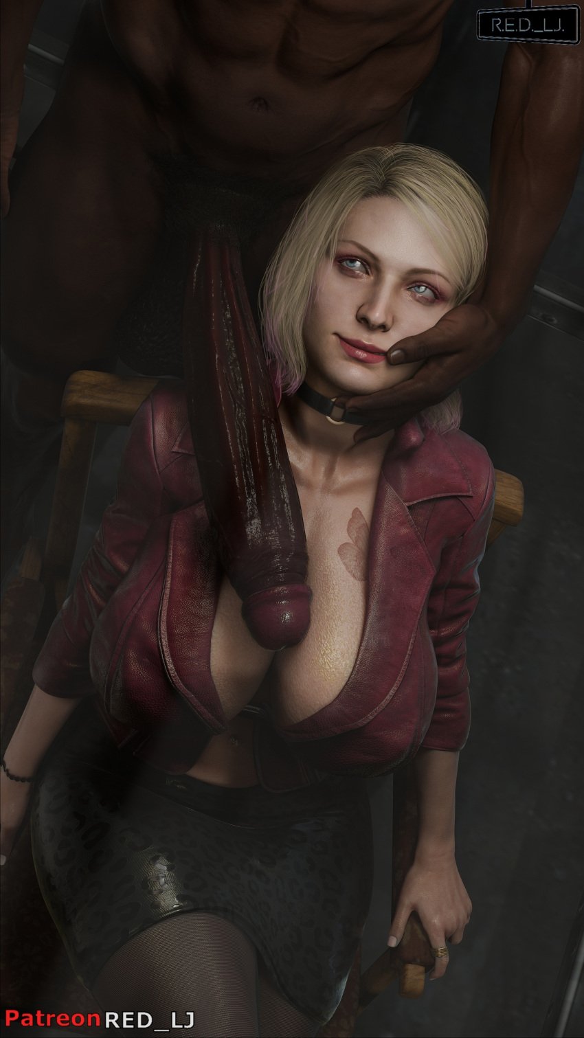 1boy 1girls 3d blender_(software) blonde_hair blue_eyes dark-skinned_male female interracial jacket maria_(silent_hill) pantyhose penis_awe red_lj short_hair silent_hill silent_hill_2_remake skirt tattoo