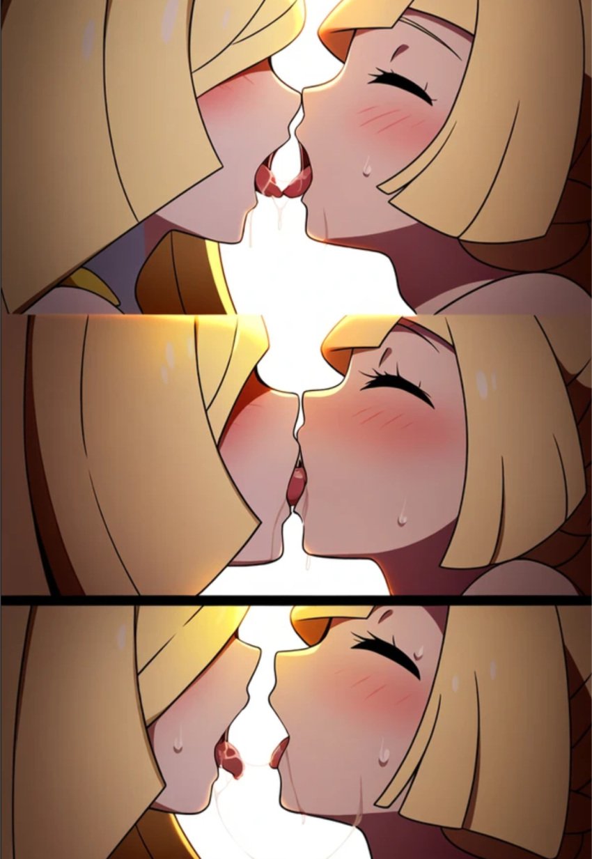 ai_generated blonde_hair blush closed_eyes daughter drooling kissing lillie_(pokemon) lusamine_(pokemon) making_out mother mother_and_daughter pokemon saliva sweat yuri